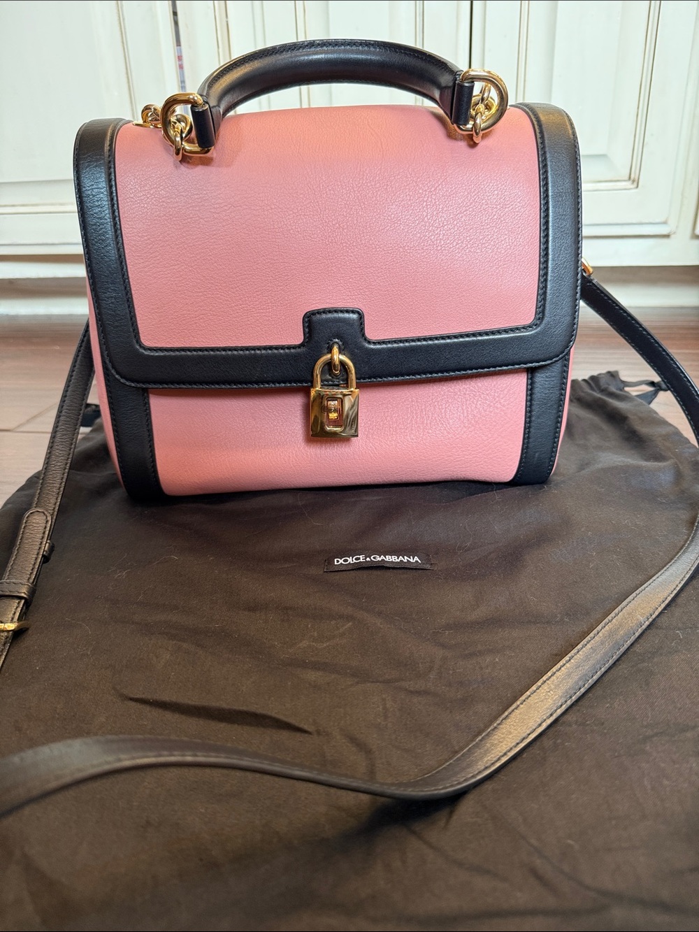 Dolce & Gabbana Pink and Black Leather Top-Handle Satchel with Gold Hardware